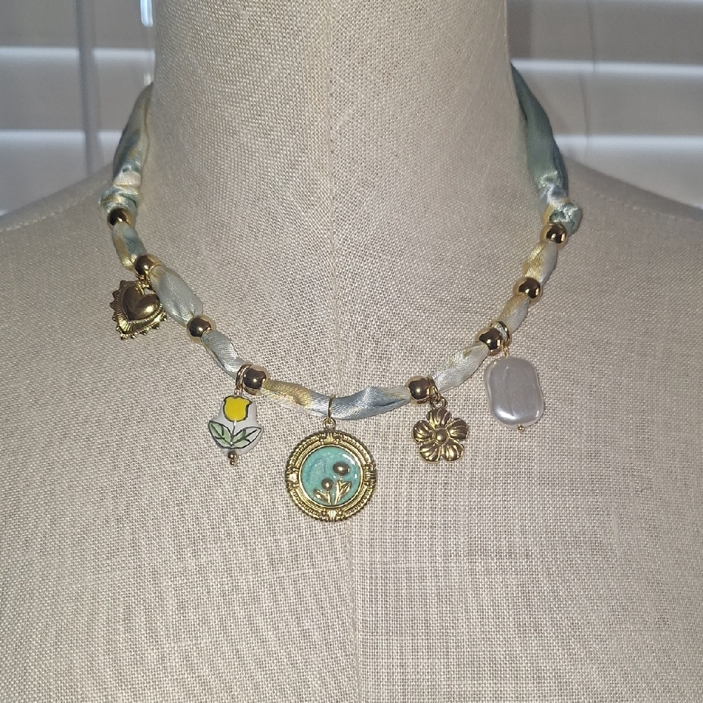 Gold and Blue Silk Scarf Charm Necklace